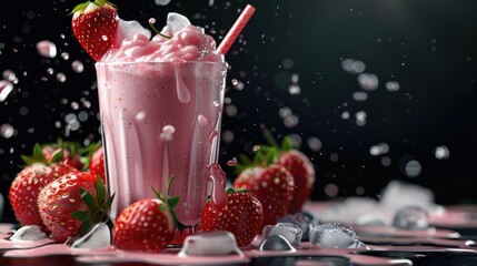Wall Mural - Splashing strawberry milkshake with ice and fresh strawberries on the table with black background. strawberry smoothie milkshake with splashes realistic