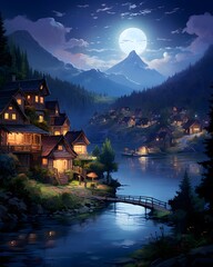 Wall Mural - Beautiful mountain village in the mountains at night in full moon light