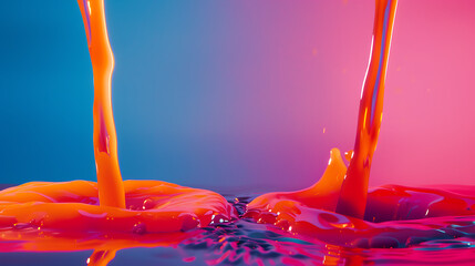 Wall Mural - two streams of liquid, one red and one orange, pouring onto a surface and mixing together