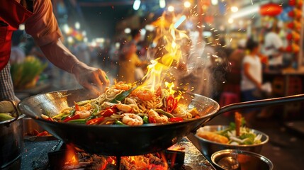 Wall Mural - street food vendor preparing stir-fried noodles in a wok, with vibrant vegetables and shrimp, flames visible, busy night market background realistic