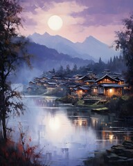 Wall Mural - Beautiful panoramic view of the mountain village on the river.