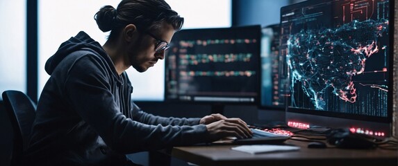 Programmer working on their professional development types on a laptop computer keyboard. Coding Language User Interface on Screens. Development of software and coding, webdesign