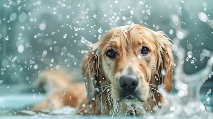 Wall Mural - a wet golden retriever in a bathtub, surrounded by splashing water. The dog’s fur appears darker due to being wet, and its eyes are wide and expressive