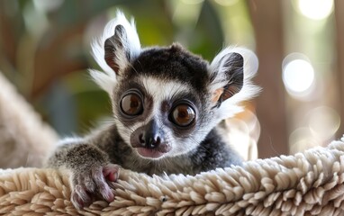 Close-up of a cute lemur with large eyes and fluffy ears, resting on a cozy blanket with a blurred natural background.