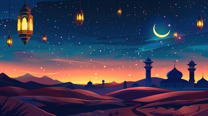 Poster - Lanterns stands in the desert at night sky, lantern islamic Mosque, crescent moon Ramadan Kareem themed illustration background