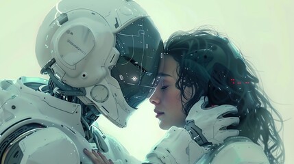 Wall Mural - love between a humanoid and a human, futuristic, digital, white, minimalism, tender moment