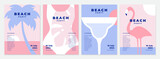 Fototapeta  - Beach party banner or poster template set in pink and blue colors. Summer vacation background with palm tree, swimsuit, cocktail and flamingo.