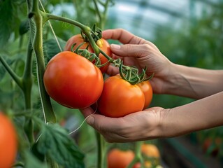 A person is holding a bunch of ripe tomatoes. The tomatoes are red and appear to be ready for harvest