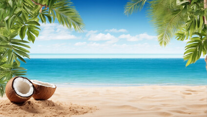 Wall Mural - Empty sand beach for product display with a background of blue sea and coconut leaves, backdrop with copy space