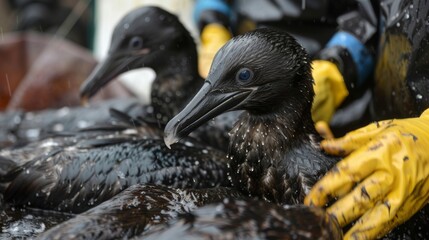 Blackened seabirds and marine life being gently cleaned and rehabilitated by trained volunteers.