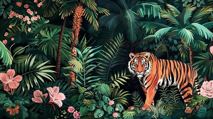 Wall Mural - Exotic Jungle Wallpaper: Tropical Illustration with Palm Trees and Wild Animals