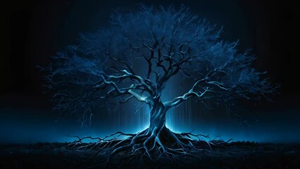 Poster - Blue energy roots imbued with energy, abstract background illustration of a tree in the dark