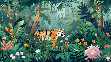 Wall Mural - Jungle Tropical Illustration: Exotic Floral Background with Palm Trees, Plants, and Wild Animals