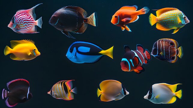 Collection of tropical ocean bright fish isolated on background, marine life with colorful fishes, aquarium underwater world concept.