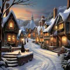 Wall Mural - Winter night in a small village in the United States. 3d rendering