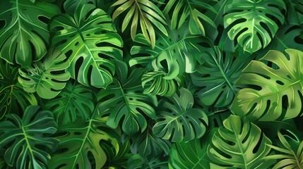  Abstract foliage and botanical background. Green tropical forest wallpaper of monstera leaves, palm leaf, branches in hand drawn pattern. Exotic plants background for banner, prints, decor, wall art.