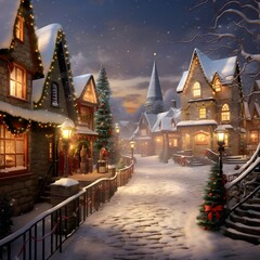 Wall Mural - Winter night in the village. Christmas and New Year holidays concept.