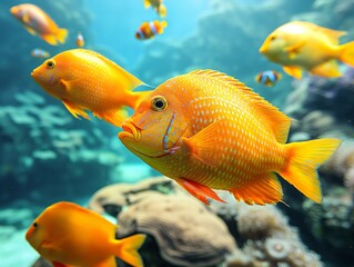 A group of fish are swimming in a tank, with one of them being a large orange fish
