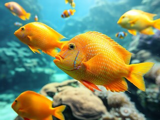 Wall Mural - A group of fish are swimming in a tank, with one of them being a large orange fish