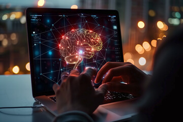 Wall Mural - Person prompting on laptop with brain of AI Machine learning artificial intelligence of technology. AI network of digital brain circuit business intelligence data prompt engineering