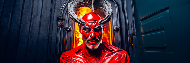 unleash impressive strong devil portrait head with horn on fire door arch entrance of hell dark design