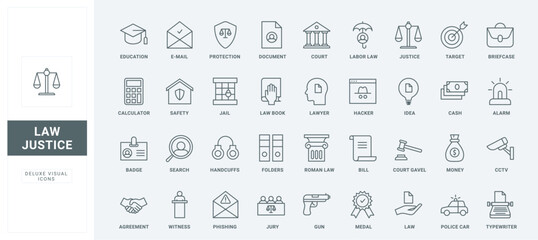 Legal document, education and court building, book and gavel of judge, handcuff and jail for criminals thin black and red outline symbols, vector illustration. Justice and law, judgment line icons set