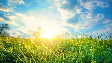 Wall Mural - Sunrise on dewy meadow with vibrant green grass