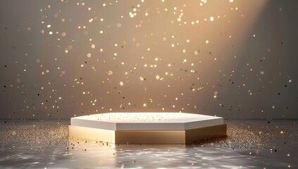 Wall Mural - Abstract background with golden confetti and glitter on the floor, illuminated in an empty scene of an octagon podium pedestal for product presentation mock up