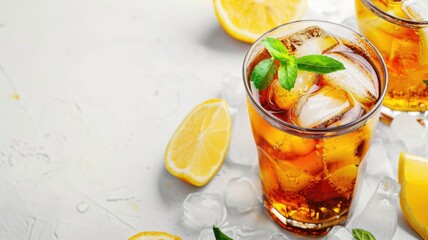 Wall Mural - Iced tea with lemon slices and mint on bright surface