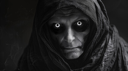 Black and white portrait of  a scary , creepy person with a hooded cape and a face with glowing eyes. on black background. Horror, Halloween, evil concept