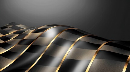 Wall Mural - Checkered gold flag wave flying on black, blank space design, sport race championship success background	