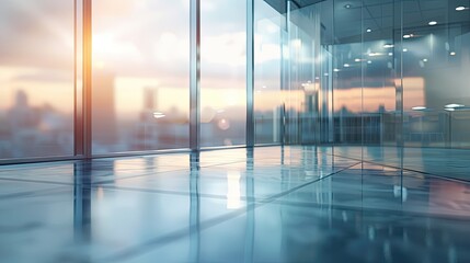 Wall Mural - A large, empty room with a view of the city. The room is filled with large windows that let in a lot of natural light