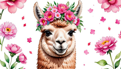 Wall Mural - flowers background llama pink watercolor bouquet cute alpaca animal white illustration ad nature drawing design print isolated art flower head pet summer portrait card caricature vignetting spring