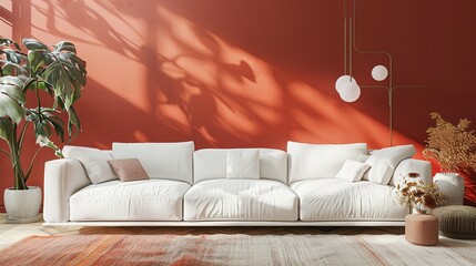 Wall Mural - 3D rendering of a modern living room featuring a white fabric sofa against a coral wall.