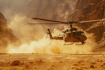 A helicopter is flying over a desert with a lot of dust and rocks. The helicopter is in the air and is surrounded by the desert landscape