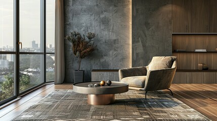 Wall Mural - Panoramic 3D rendering of an interior featuring an armchair and coffee table.