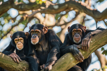 Wall Mural - Chimps on a tree branch in the wild, a gathering of monkeys exemplifies the beauty of family ties and freedom in the wilderness