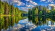 © prasit - A peaceful lake nestled among towering trees, their reflections creating a mirror-like surface on the water's calm expanse