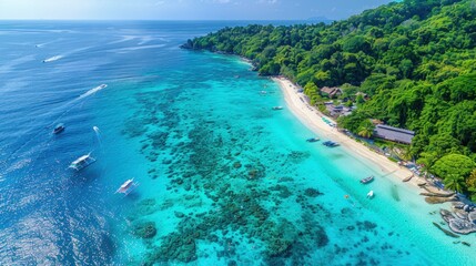 Wall Mural - Overhead capture of the crystal-clear waters and white sands of Similan Islands