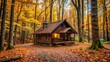 © prasit - A cozy cabin nestled in the woods, surrounded by towering trees and a carpet of fallen leaves, offering a natural, free space for relaxation and solitude