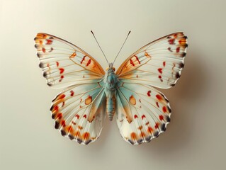 Beautiful close-up of a butterfly with vibrant wings displaying intricate patterns in red, orange, and white hues, on a soft background.