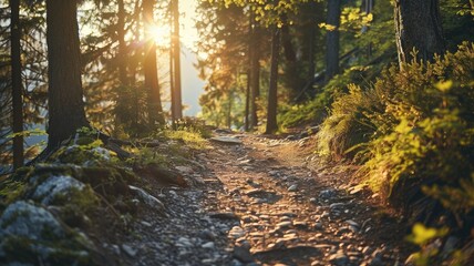 Wall Mural - Forest trail at sunrise with sunlight filtering through trees