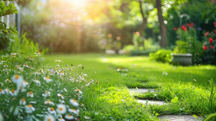 Wall Mural - sunny garden path with green plants and blooming flowers