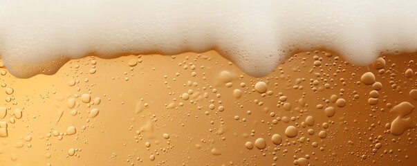 Close-up of beer foam and bubbles on glass.