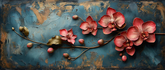 Orchids Painting on Blue Background.