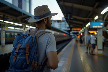 Wall Mural - person at a train station with a backpack