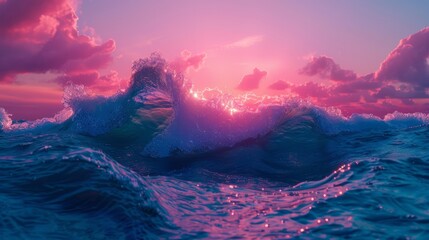 the concept of World Ocean Day. Beautiful nature landscape. World Water Day.  A huge wave in the ocean, with blue and pink gradient colors at sunset. 