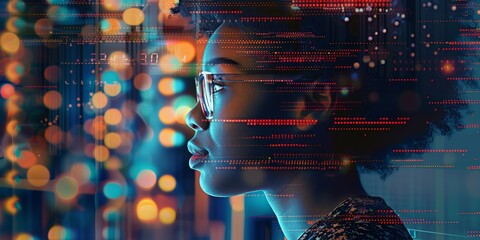 Wall Mural - ai cyber security threat illustration, black african american female it specialist analysing data in