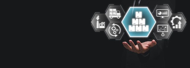 Fototapete - Product lifecycle management concept, Businessman hand holding product lifecycle management icon on virtual screen.