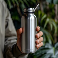 Wall Mural - Close-up of hands holding a reusable water bottle and a metal straw, emphasizing eco-friendly habits and reducing single-use plastic waste. List of Art Media Photograph inspired by Spring magazine